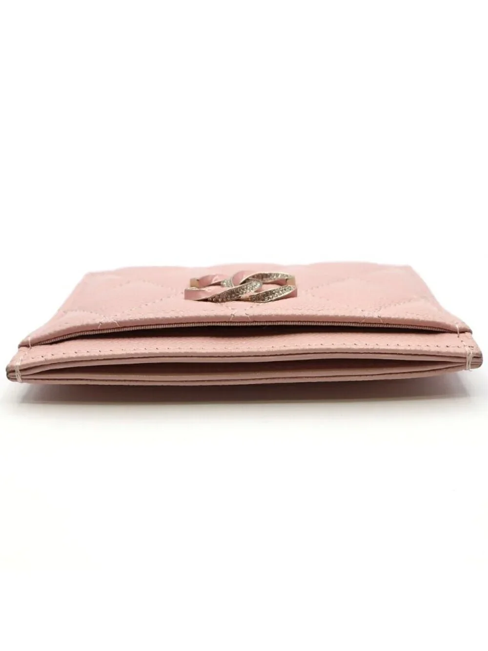 Chanel Ten Pass Case Card Slot Pink Caviar Leather CC Logo Rhinestone